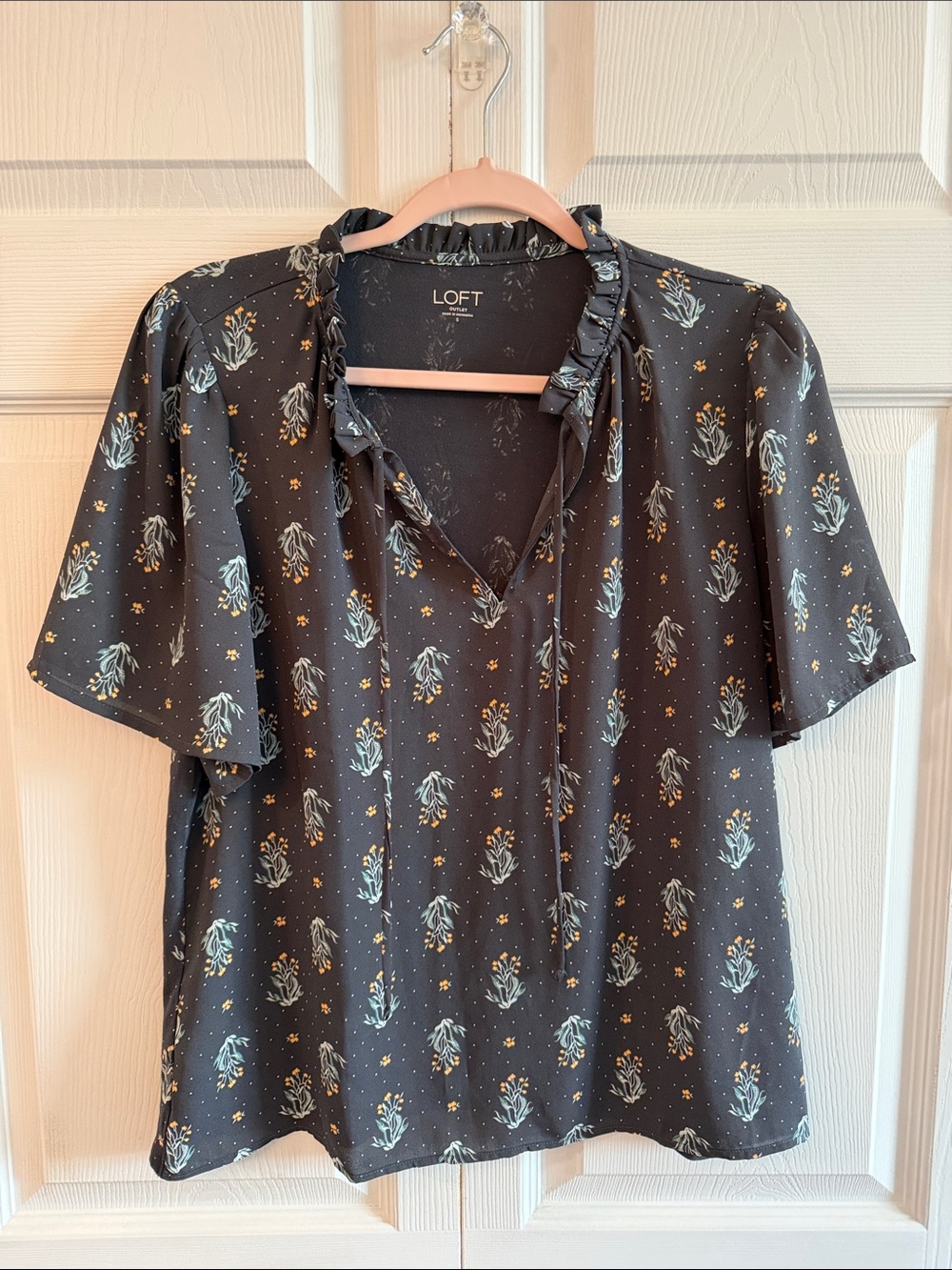 LOFT charcoal Floral Ruffle V-Neck Blouse with Teal and Gold Accents
